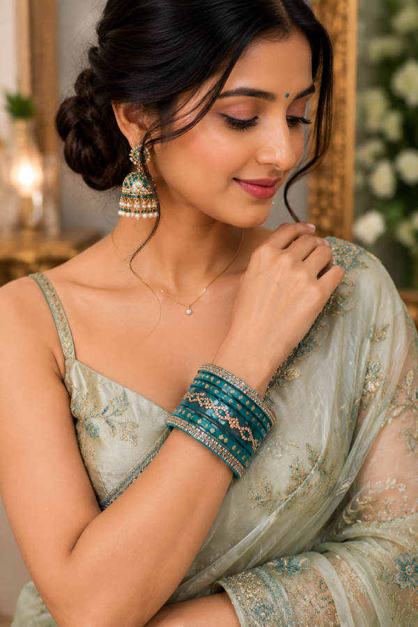 Traditional Turquoise Lac Bangles Traditional turquoise lac bangles with multicolour border design