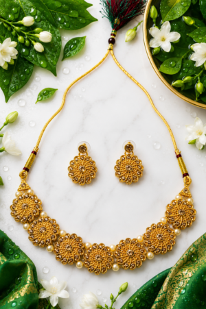Gold finish floral necklace set with matching earrings and pearl-like beads