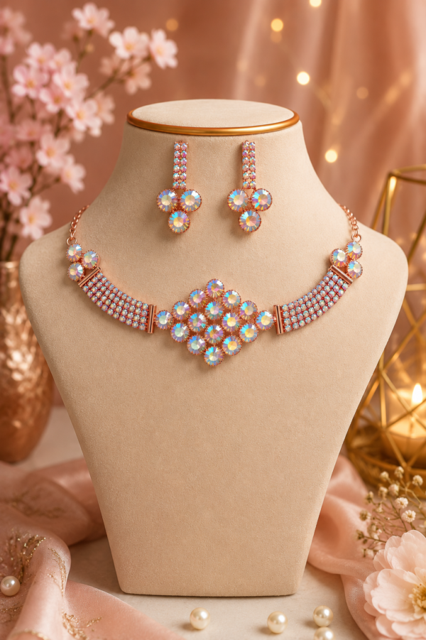 Colourful choker necklace with geometric centre and matching drop earrings