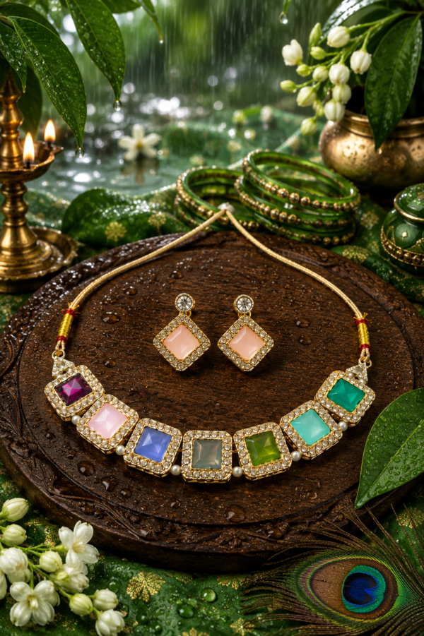 Square Design Multicolor Necklace Square design multicolor necklace with decorative borders and pearl-like accents