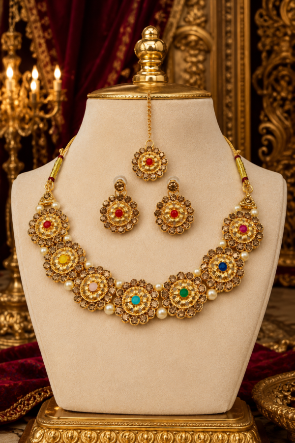 Floral Maang Tikka Jewellery Set Floral maang tikka with matching multicolor necklace and earrings