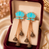 Light Blue Long Lotus Earrings with Jhumka Light blue floral earrings with layered chains and jhumkas