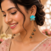 Light Blue Lotus Jhumka Earrings for Women Light blue lotus jhumka earrings with long chain drops