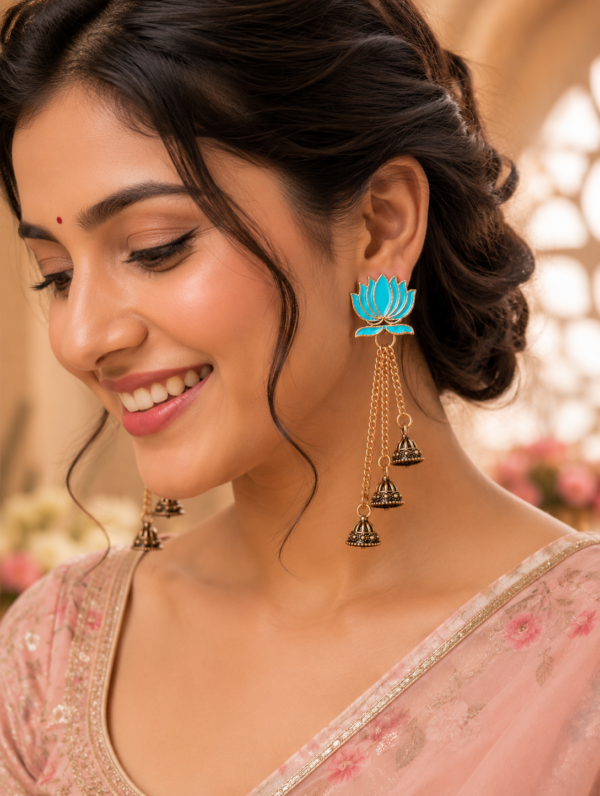 Light Blue Lotus Jhumka Earrings for Women Light blue lotus jhumka earrings with long chain drops