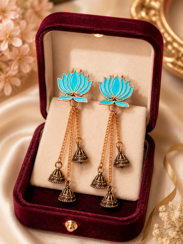 Light Blue Long Lotus Earrings with Jhumka Light blue floral earrings with layered chains and jhumkas