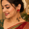 Red Long Lotus Earrings with Jhumka Drops Red floral lotus earrings with long jhumka chain design