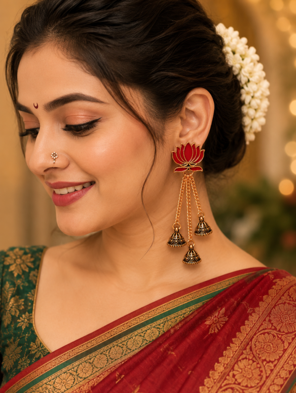 Red Long Lotus Earrings with Jhumka Drops Red floral lotus earrings with long jhumka chain design