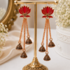 Red Lotus Jhumka Earrings for Women Red lotus jhumka earrings with long chain drops