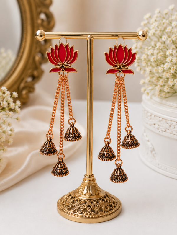 Red Lotus Jhumka Earrings for Women Red lotus jhumka earrings with long chain drops