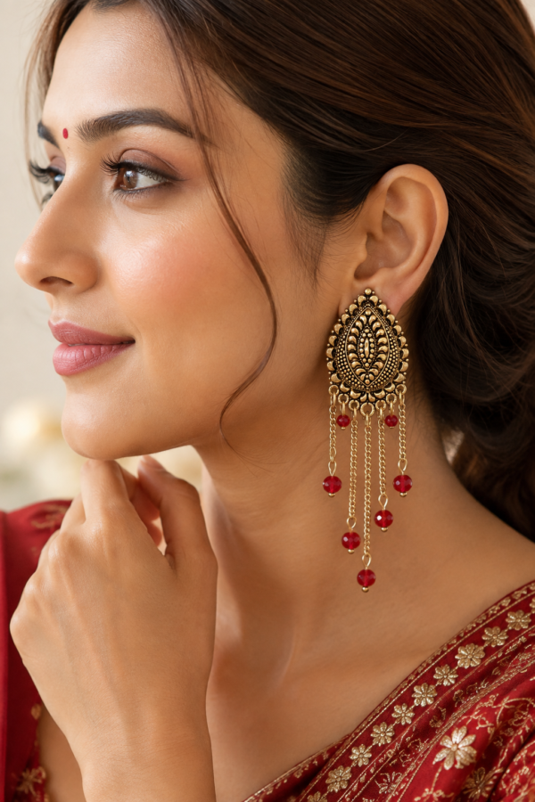 Gold Tone Chandelier Earrings with Red Beads