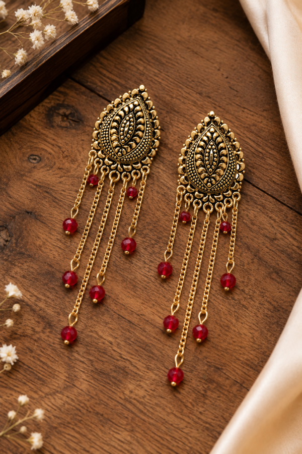 Gold Tone Chandelier Earrings with Red Beads