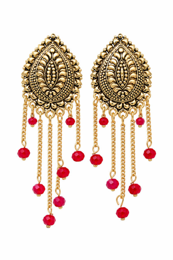 Gold tone chandelier earrings with red bead details