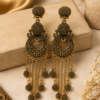 Gold tone statement earrings with long chain and bead details