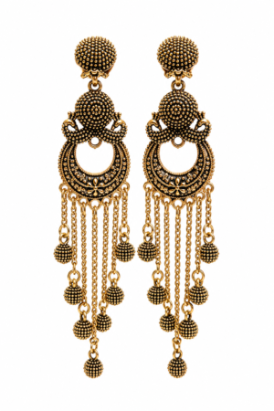 Gold tone long beaded earrings with cascading chains