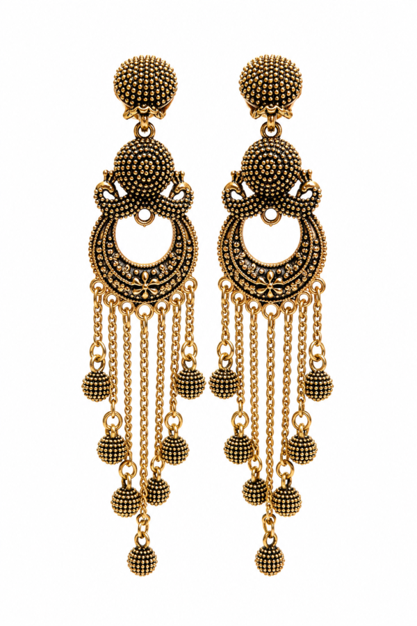 Gold tone long beaded earrings with cascading chains