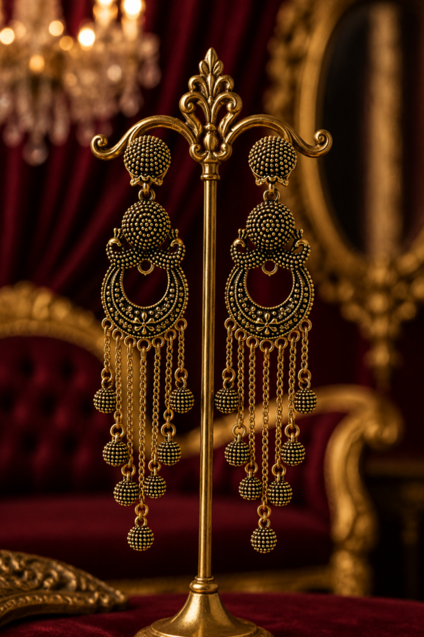 Long ethnic beaded earrings with ornate openwork design