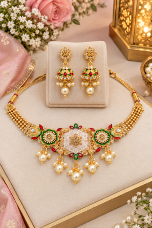 Traditional choker set with red green floral accents and pearl-style drops
