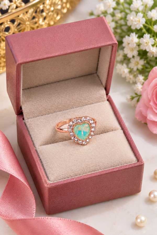 Heart Design Ring with Clear Stone Halo Heart design ring with clear stone border and warm-toned band
