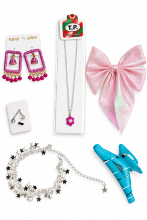 Girls Navratri Special Accessories Combo with six items including earrings, ring, star bracelet, flower pendant, hair bow and hair clutcher