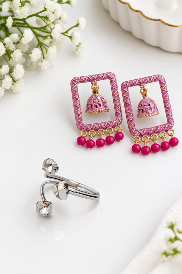 Girls Navratri Special Accessories Combo Set of 6 – Pink Earrings, Ring, Star Bracelet, Flower Pendant Necklace, Hair Bow & Hair Clutcher