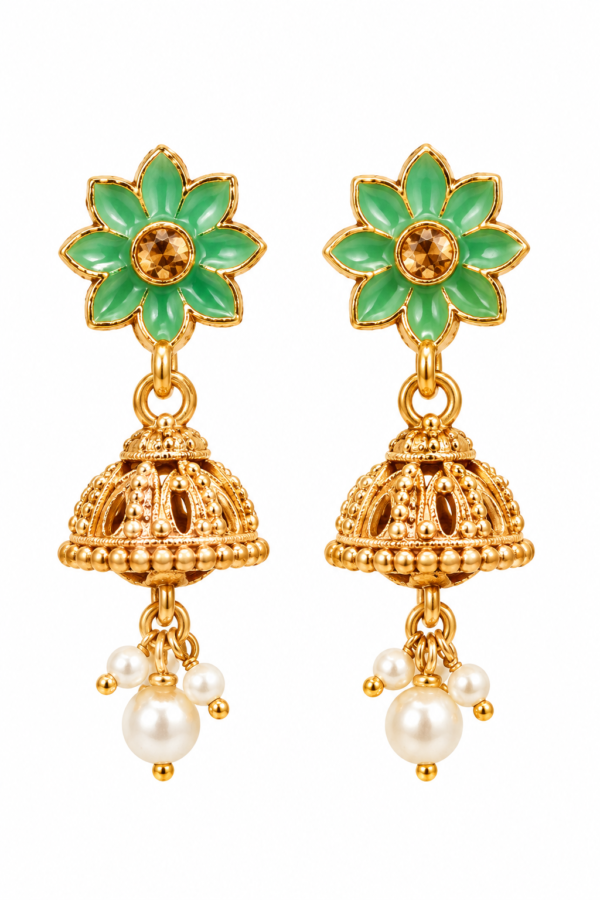 Green flower jhumka earrings with pearl-style drops
