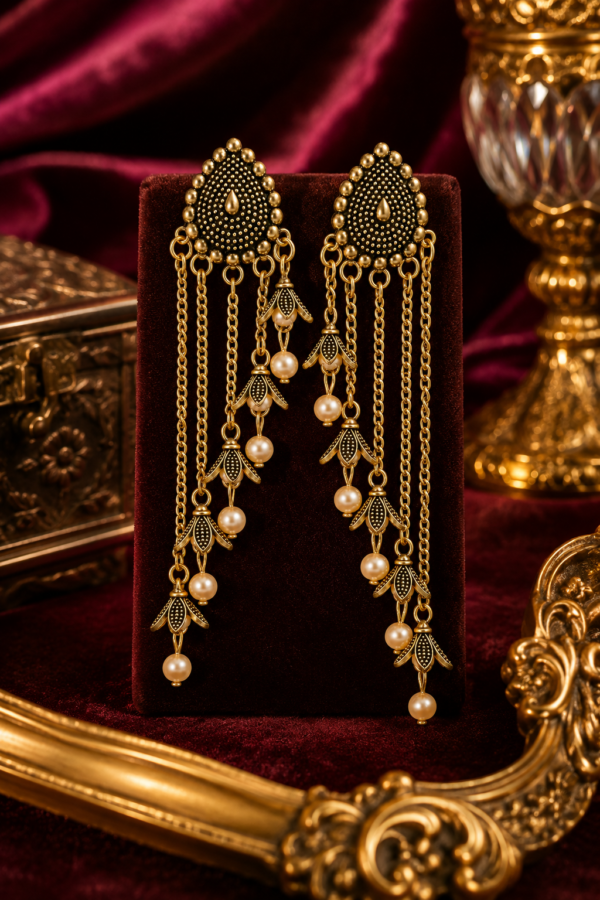 Traditional Gold Tone Pearl Earrings traditional gold tone earrings with long chains and pearl drops