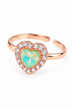 Heart shaped stone ring with colourful centre and clear stone halo