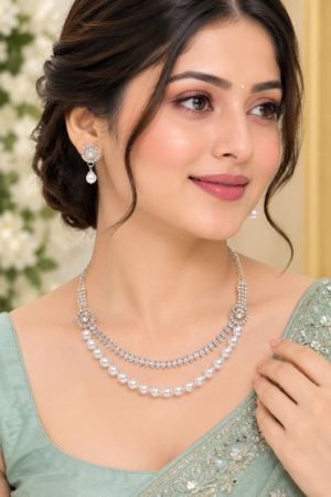 Pearl necklace set with matching white pearl-style drop earrings