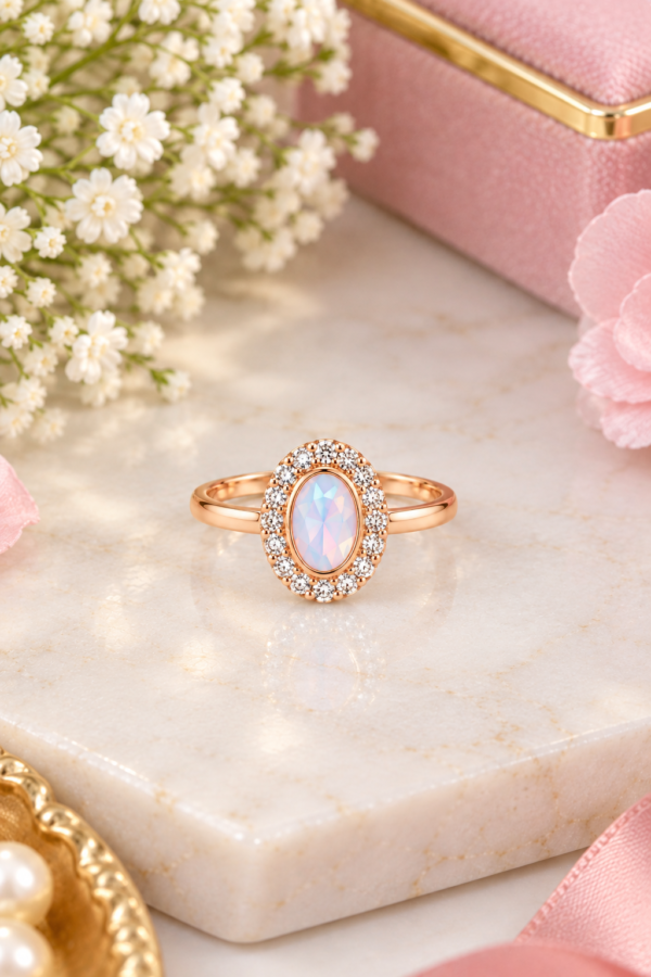 Oval white stone ring with rose-gold-tone band
