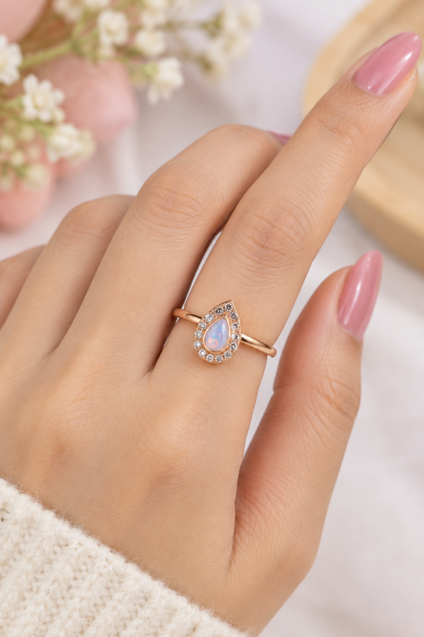 Blue Pink Teardrop Ring Close-Up Close-up of blue pink teardrop stone ring with clear decorative stones