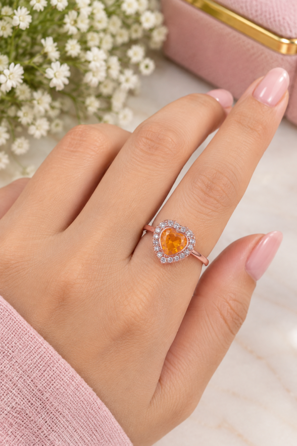 Orange Heart-Shaped Ring with Clear Sparkling Details Orange heart-shaped centre ring with clear sparkling stones