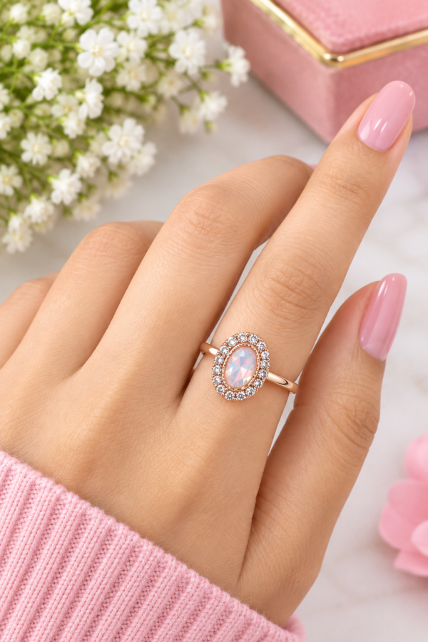 White oval centre ring with clear sparkling stone halo