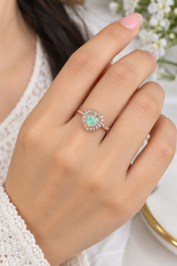 Multicolour Heart Centre Ring Close-up of heart shaped stone ring with iridescent-looking centre