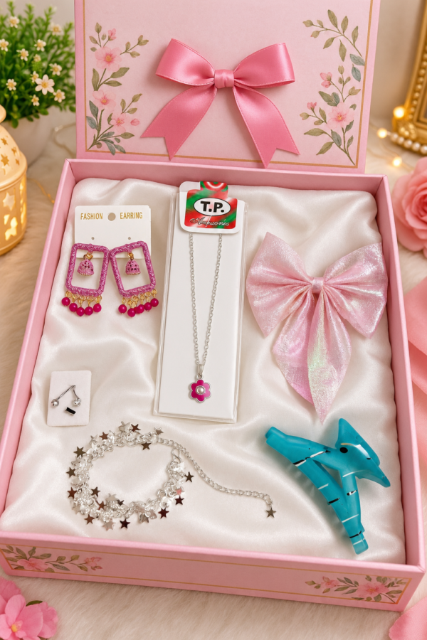 Girls Navratri Special Accessories Combo Set of 6 – Pink Earrings, Ring, Star Bracelet, Flower Pendant Necklace, Hair Bow & Hair Clutcher