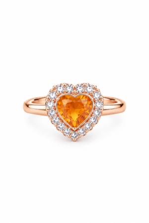 Orange heart ring with sparkling halo and rose-gold-tone band