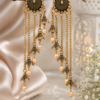 Long Ethnic Pearl Drop Earrings Long ethnic earrings with gold tone chains and pearl drops