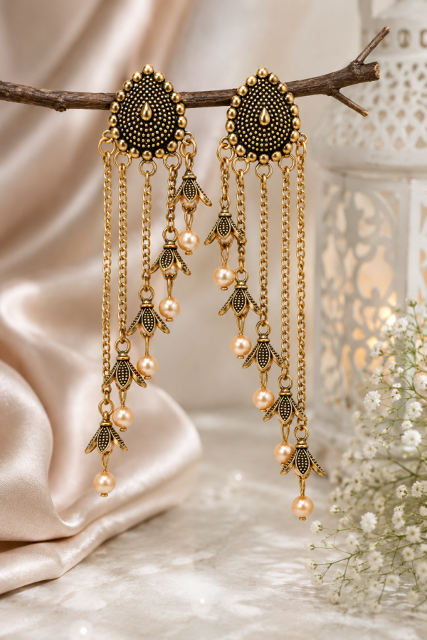 Long Ethnic Pearl Drop Earrings Long ethnic earrings with gold tone chains and pearl drops