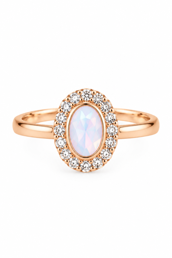 White stone ring with oval centre and sparkling halo