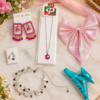 Pink geometric earrings with dangling beads in the Girls Navratri Special Accessories Combo