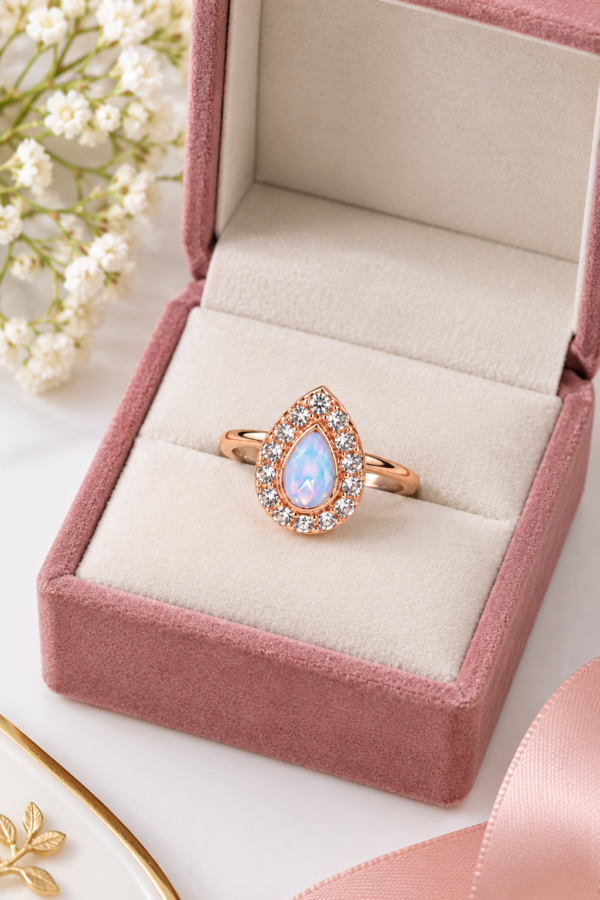 Free Size Teardrop Stone Ring Design Free size teardrop stone ring displayed in a pink jewellery box