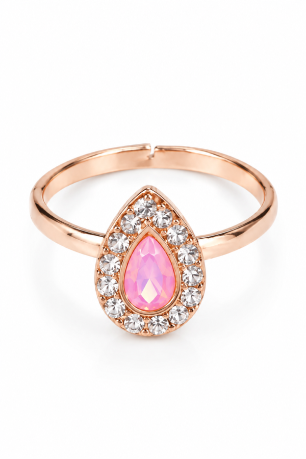 Pink Stone Ring with Pear-Shaped Centre Pink stone ring with pear-shaped centre and clear stone halo