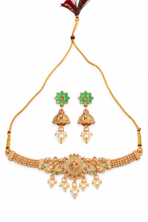 Green floral necklace set with pearl-style drops and matching earrings