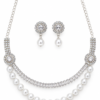 Silver tone pearl necklace with circular decorative motifs