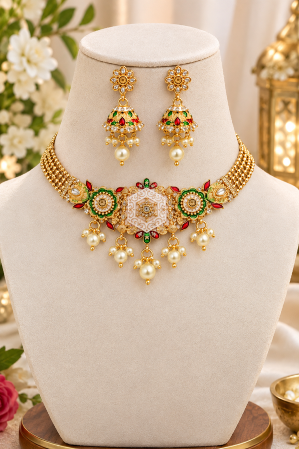 Traditional Choker Set with Decorative Cord Traditional Indian choker set with braided gold tone cord and tassel